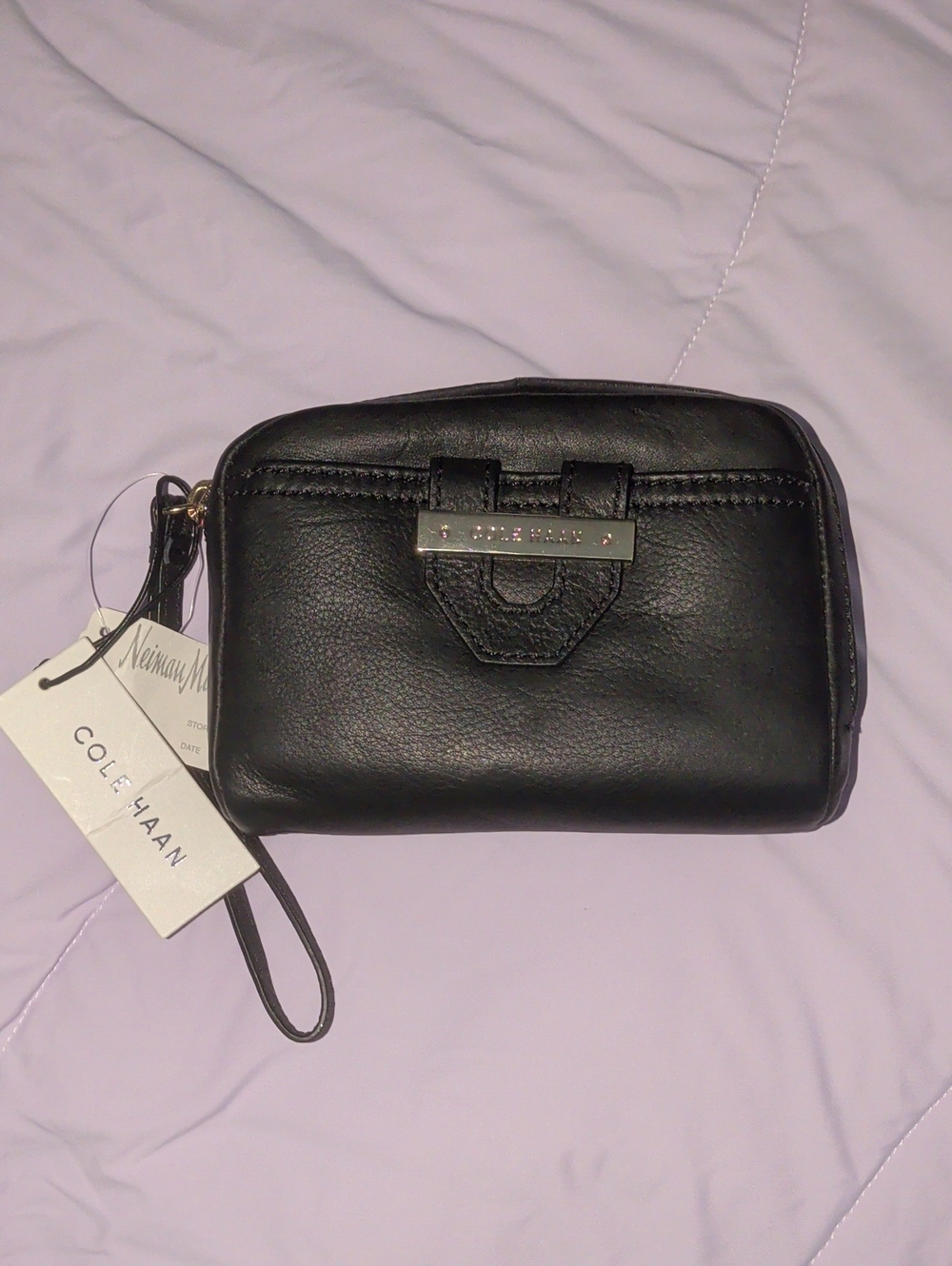 Cole Haan Black Leather Wristlet Pouch with Gold Accent